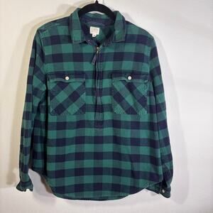 J.Crew Buffalo Check Flannel Shirt Green Blue Plaid Zip Front Size M